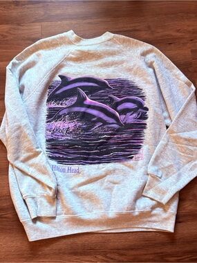 Vintage Hilton Head Dolphin Graphic Crewneck Sweatshirt - Gray & Purple XL
